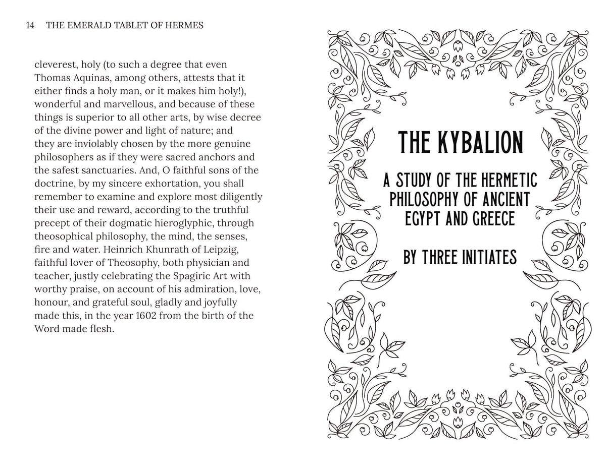 A printed page spread from a book or booklet titled 'THE KYBALION: A STUDY OF THE HERMETIC PHILOSOPHY OF ANCIENT EGYPT AND GREECE' by Three Initiates, with ornate black-and-white decorative border illustrations and a short text excerpt on the left and title text on the right.