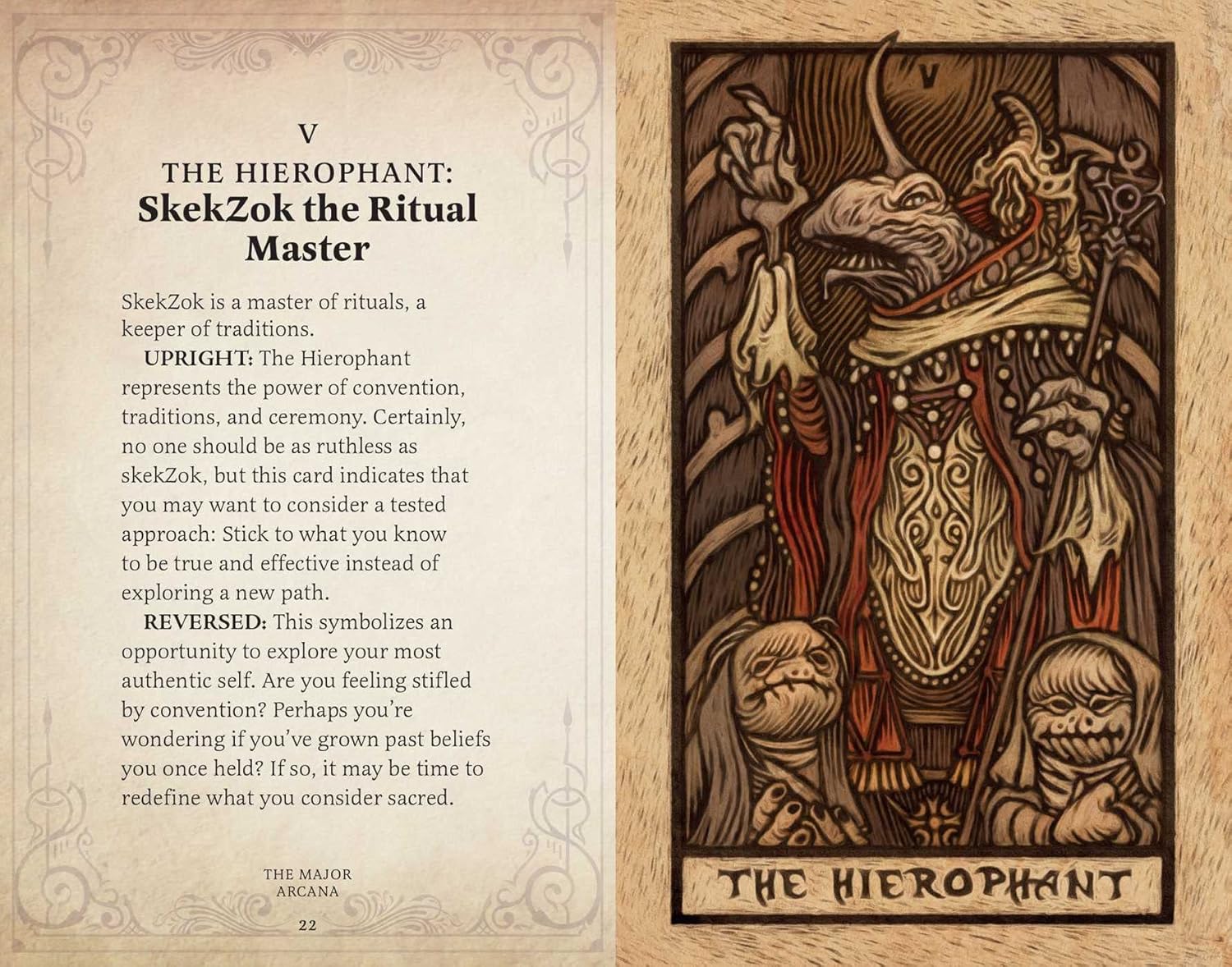 Tarot card featuring 'The Hierophant' with text and illustration on a wooden background