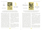 Open book with astrological symbols and text on a white background