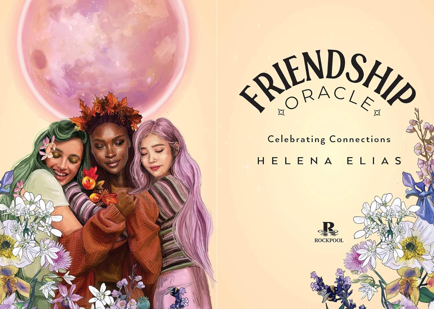 Book cover of 'Friendship Oracle' by Helena Elias featuring three women and floral elements.