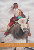 Woman in traditional attire riding a white yak against a cloudy sky