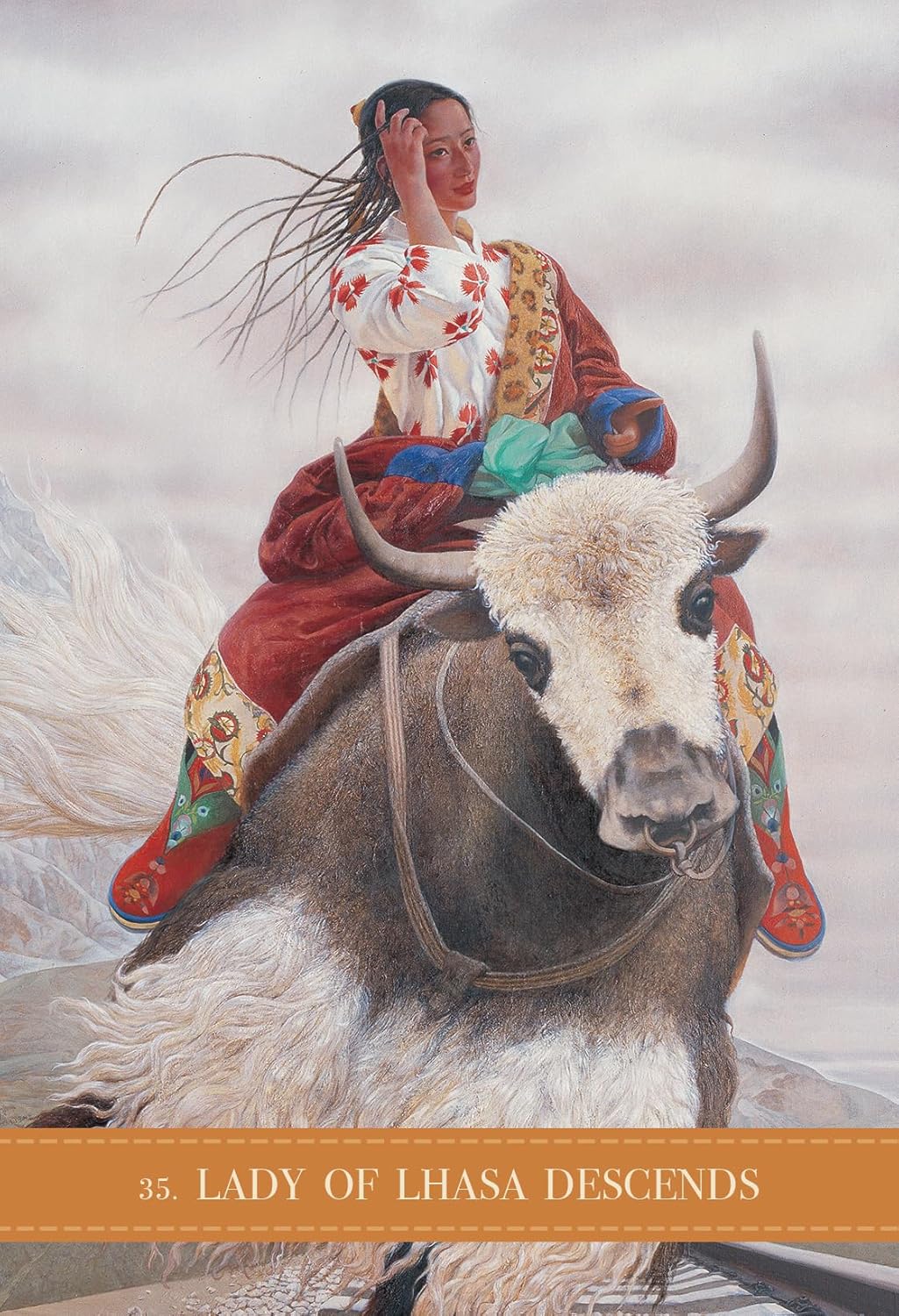 Woman in traditional attire riding a white yak against a cloudy sky