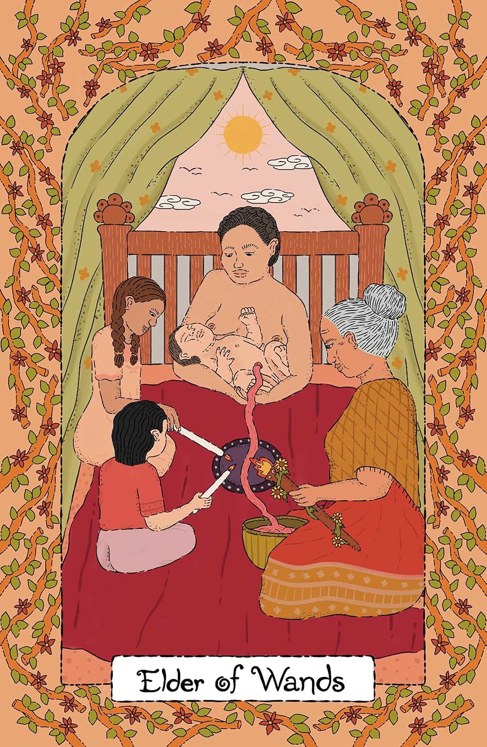 Illustrated tarot card design titled 'Elder of Wands' showing a seated figure holding a baby in a crib while two others prepare offerings, with a peach-toned floral border and green canopy.