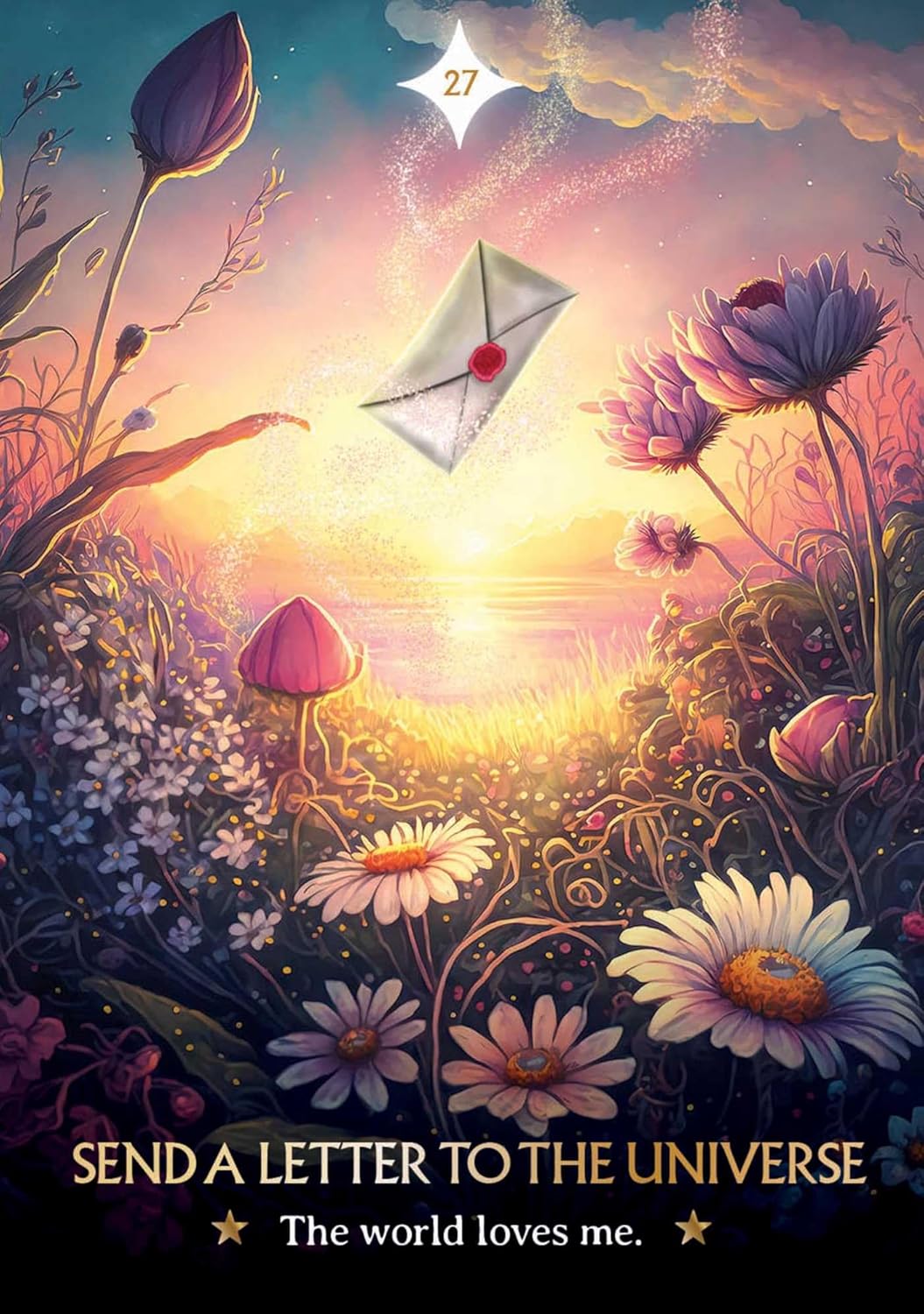 Fantasy landscape with flowers, a letter, and a star, featuring text 'Send a letter to the universe. The world loves me.'