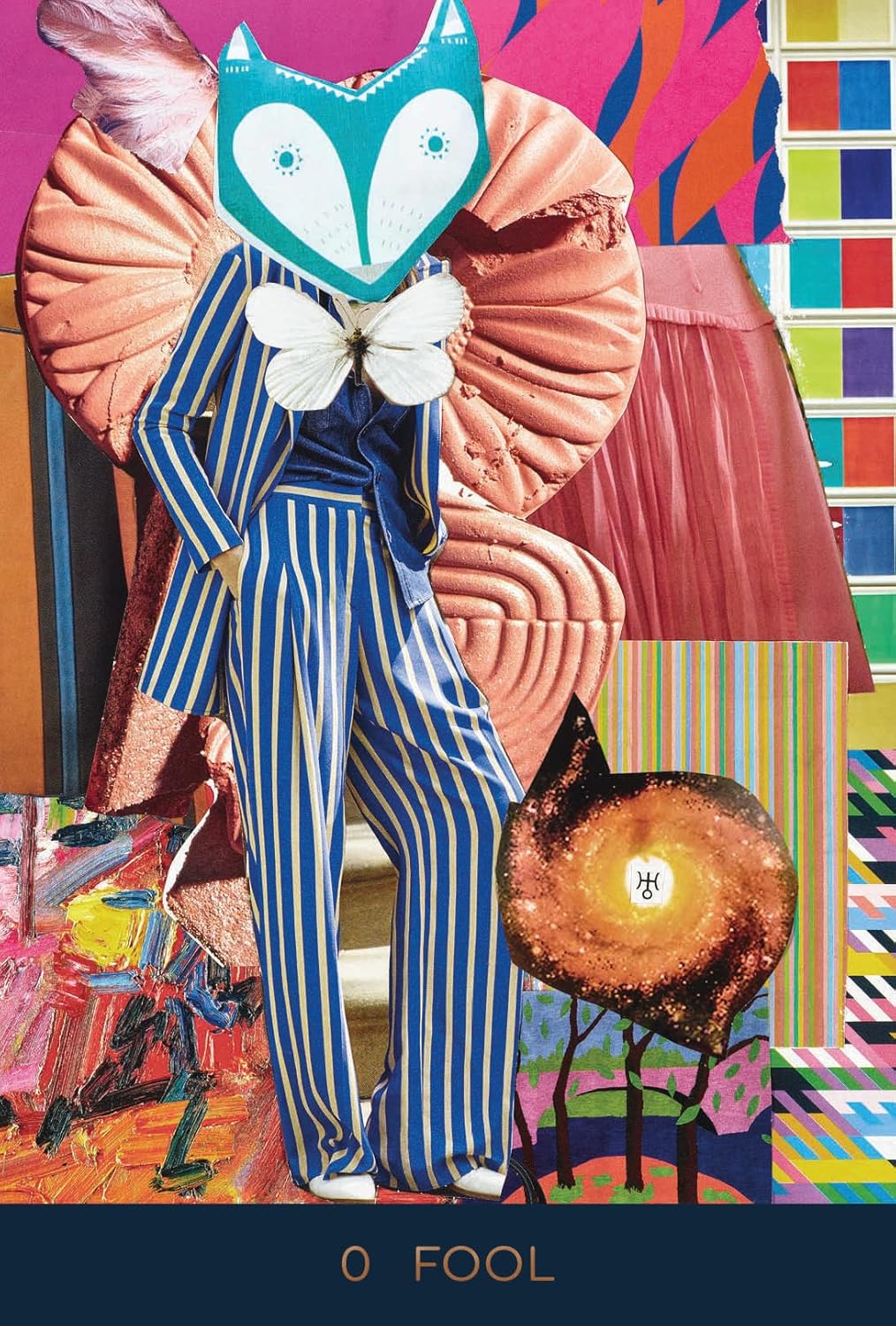 Colorful collage with a person in a striped outfit and fox head, surrounded by abstract shapes and patterns.