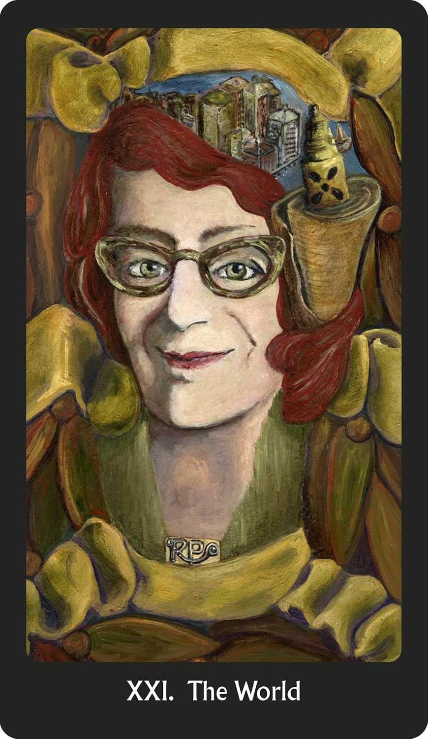 Artistic depiction of a person with red hair and glasses, wearing a yellow garment, with 'XXI. The World' text at the bottom.