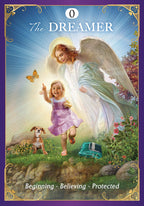 Card featuring an angel and a child with a dog in a garden setting, titled 'The Dreamer'.