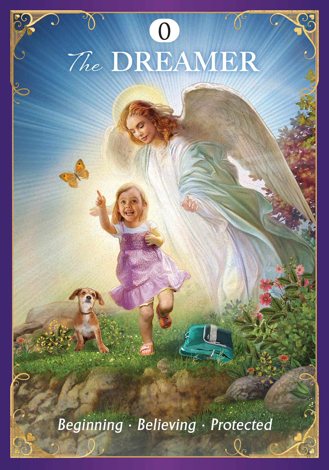 Card featuring an angel and a child with a dog in a garden setting, titled 'The Dreamer'.