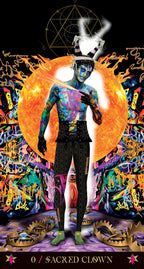 Colorful tarot card featuring a 'Sacred Clown' with vibrant patterns and symbols.