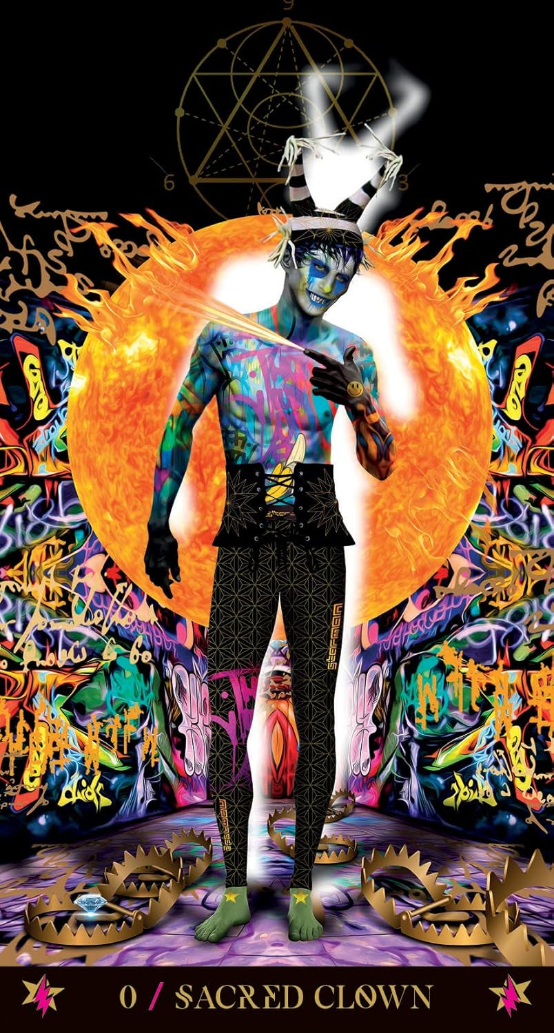 Colorful tarot card featuring a 'Sacred Clown' with vibrant patterns and symbols.