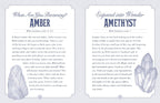 A two-page spread of printed card art with decorative pale blue borders and text titled 'What Are You Becoming? AMBER' on the left and 'Expand into Wonder AMETHYST' on the right, shown on a white background.