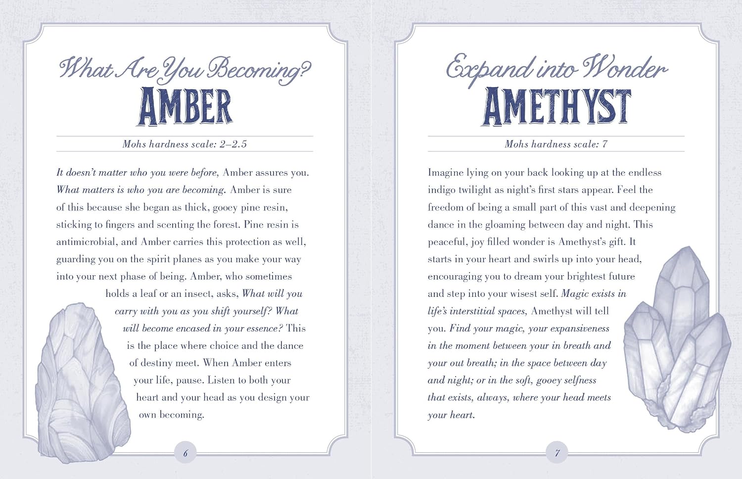 A two-page spread of printed card art with decorative pale blue borders and text titled 'What Are You Becoming? AMBER' on the left and 'Expand into Wonder AMETHYST' on the right, shown on a white background.