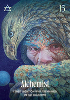 Artistic cover of an album by 'Alchemist' featuring a peacock and human-like face with text 'I shed light on what remained in the shadows'.