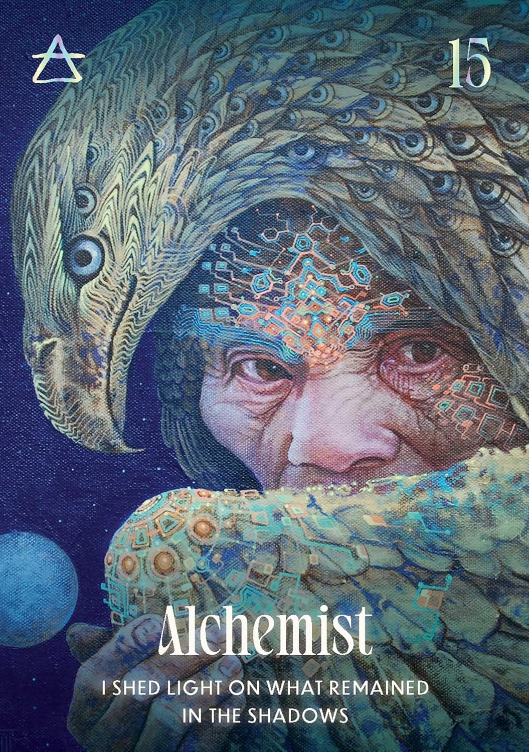 Artistic cover of an album by 'Alchemist' featuring a peacock and human-like face with text 'I shed light on what remained in the shadows'.