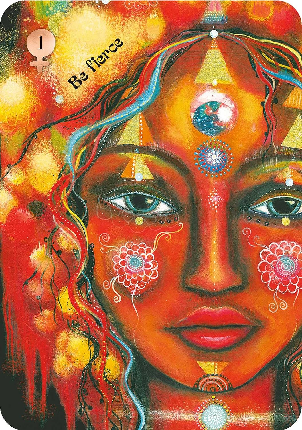 Colorful tarot card with a stylized face and abstract design