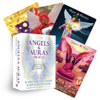 Angels and Auras Oracle cards with colorful illustrations of angels and a guidebook on a white background.