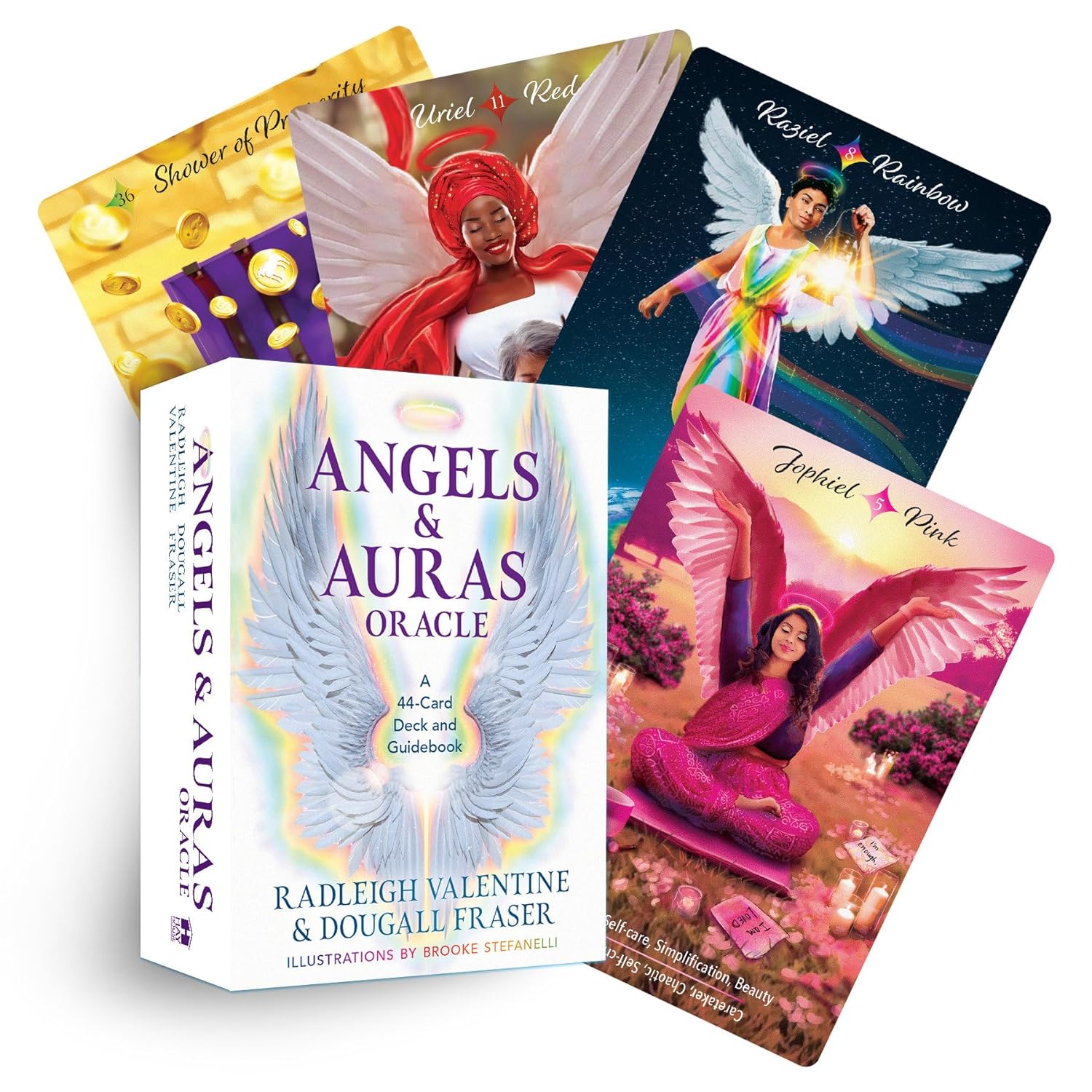 Angels and Auras Oracle cards with colorful illustrations of angels and a guidebook on a white background.