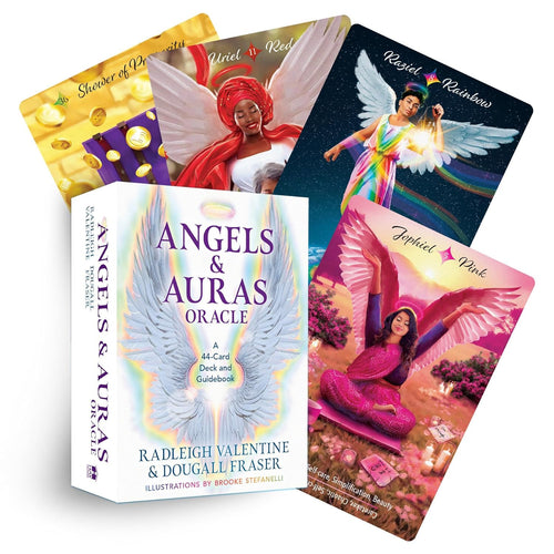 Angels and Auras Oracle cards with colorful illustrations of angels and a guidebook on a white background.
