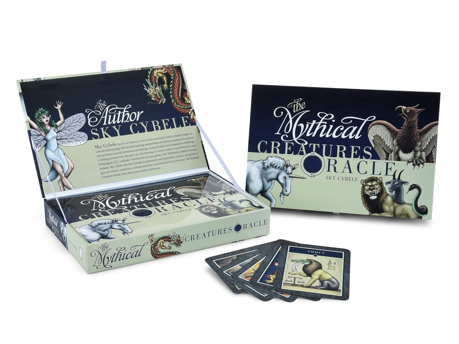 Mythical Creatures Oracle card set with open box and cards on a white background