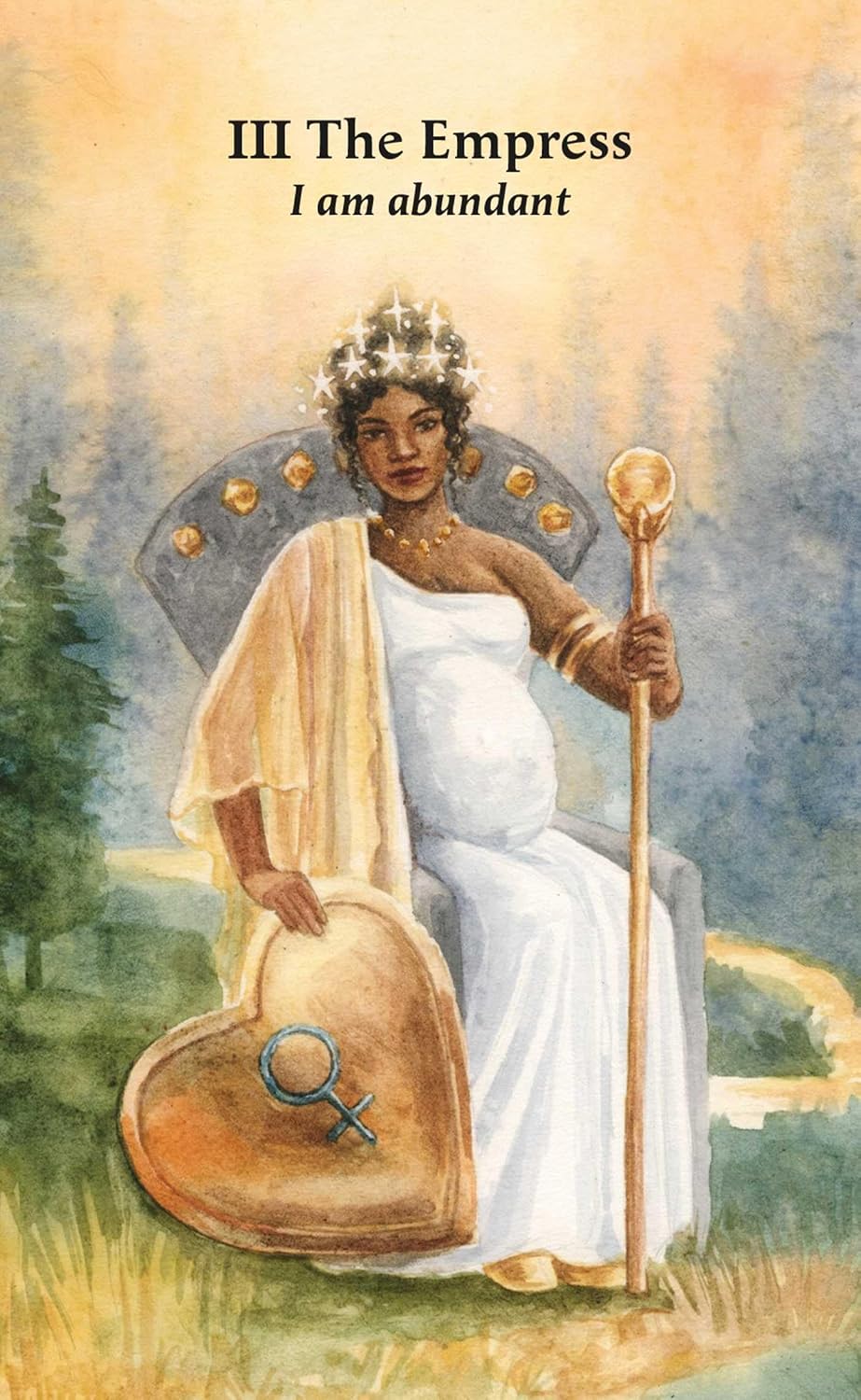 Tarot card featuring a figure labeled 'III The Empress' with text 'I am abundant' against a scenic background.