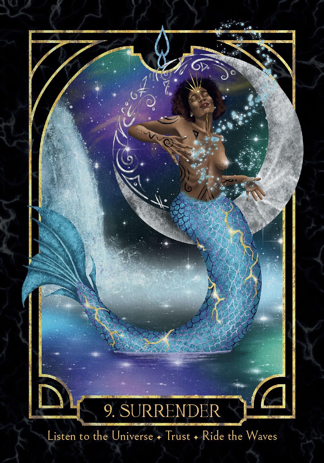 Mermaid card with 'Surrender' text and celestial design