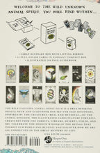 Back cover of a product packaging featuring illustrations of cards and text about 'The Wild Unknown Animal Spirit Deck'.