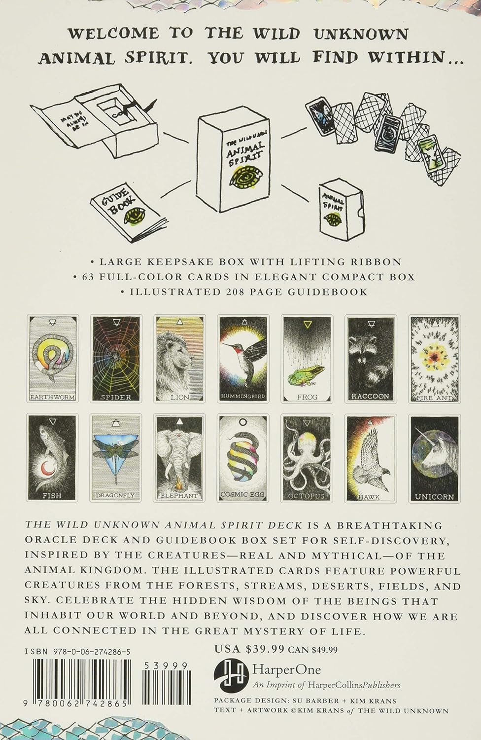 Back cover of a product packaging featuring illustrations of cards and text about 'The Wild Unknown Animal Spirit Deck'.