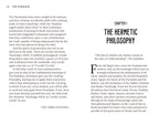 A text page from a book titled 'THE KYBALION' showing paragraphs of black serif text on a white page, with large chapter and section headings 'CHAPTER I THE HERMETIC PHILOSOPHY' and 'THE THREE INITIATES'.