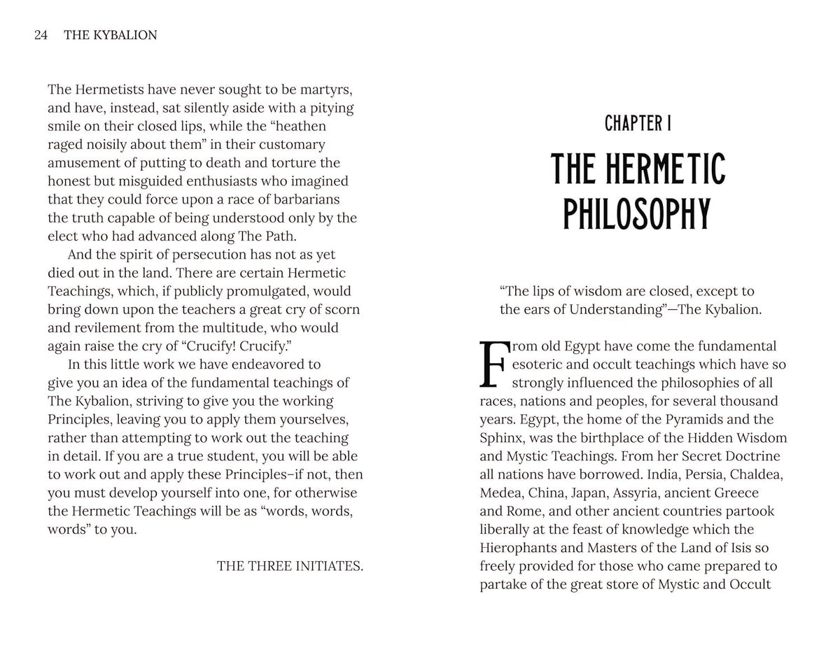 A text page from a book titled 'THE KYBALION' showing paragraphs of black serif text on a white page, with large chapter and section headings 'CHAPTER I THE HERMETIC PHILOSOPHY' and 'THE THREE INITIATES'.