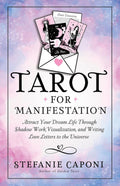 Book cover of 'Tarot for Manifestation' by Stepanie Caponi with tarot cards and envelope on a pastel background.