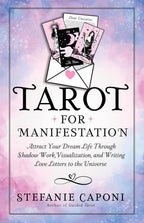 Book cover of 'Tarot for Manifestation' by Stepanie Caponi with tarot cards and envelope on a pastel background.