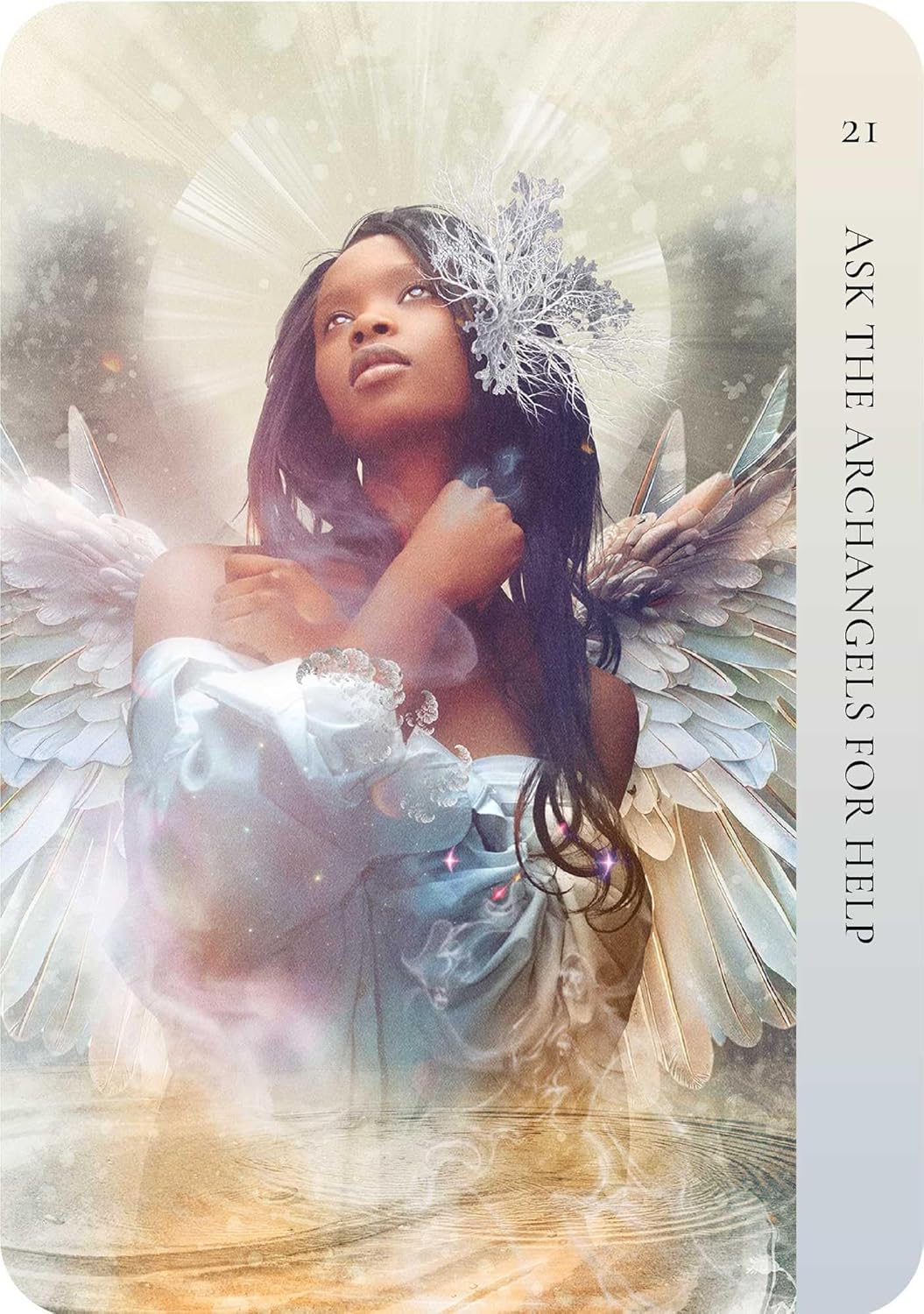 Woman with angel wings and a flower, with text 'Ask the Archangels for Help' on a white background.