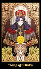 Illustration of a character with a crown and robe, sitting on a throne with a child below, labeled 'King of Disks'.