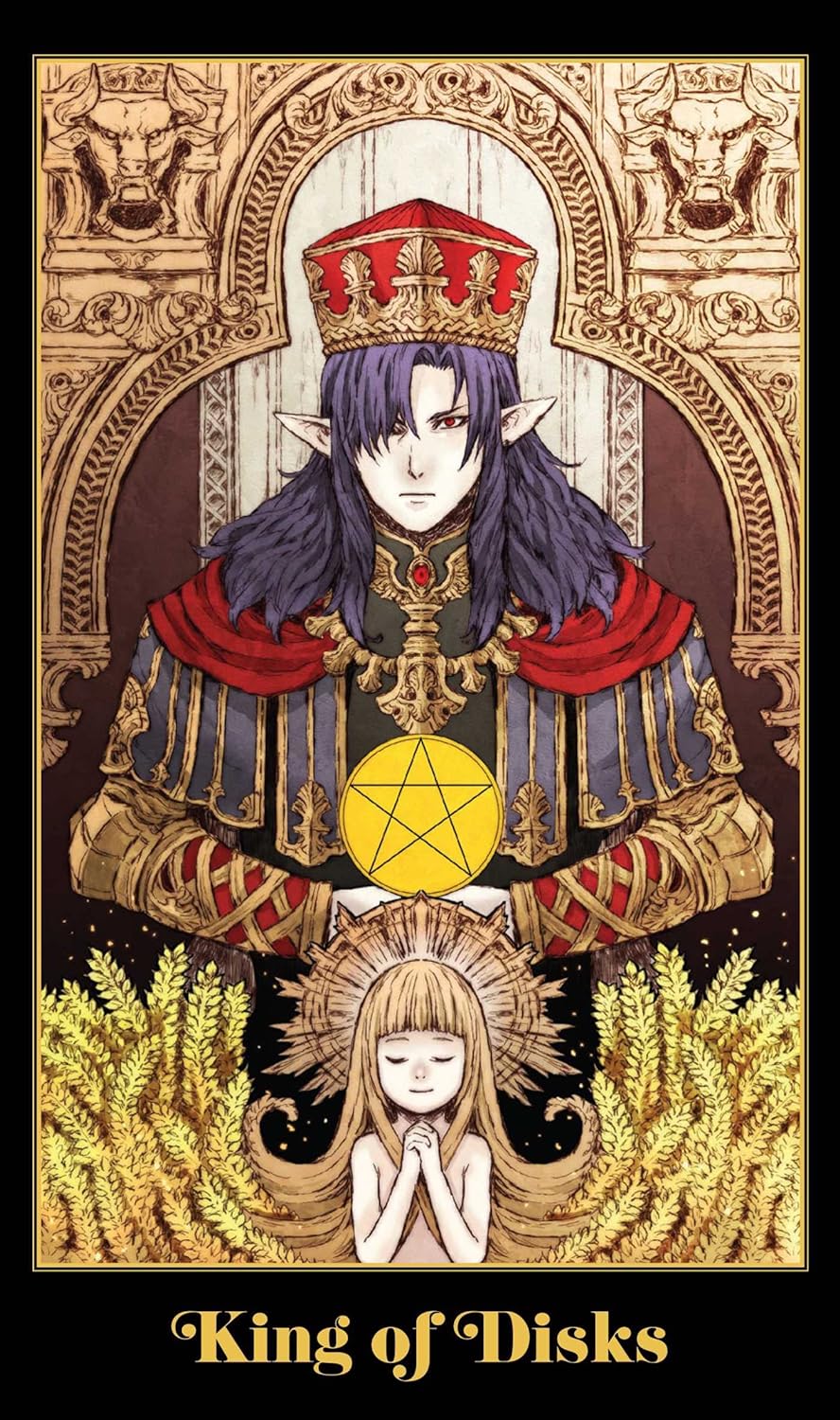 Illustration of a character with a crown and robe, sitting on a throne with a child below, labeled 'King of Disks'.