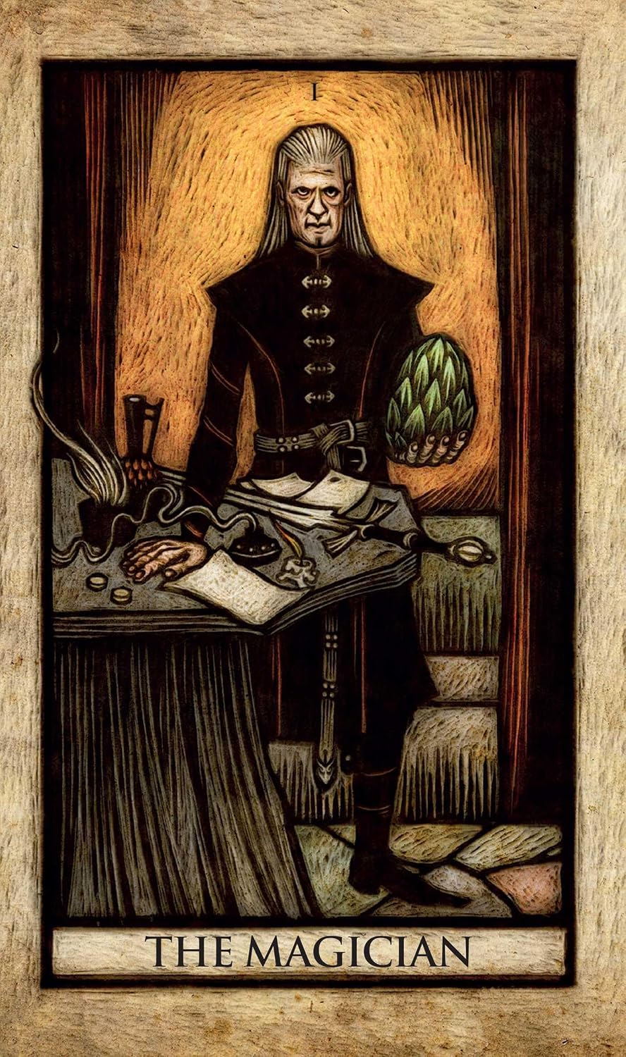 Tarot card featuring 'The Magician' with a central figure holding a green sphere, surrounded by mystical objects.