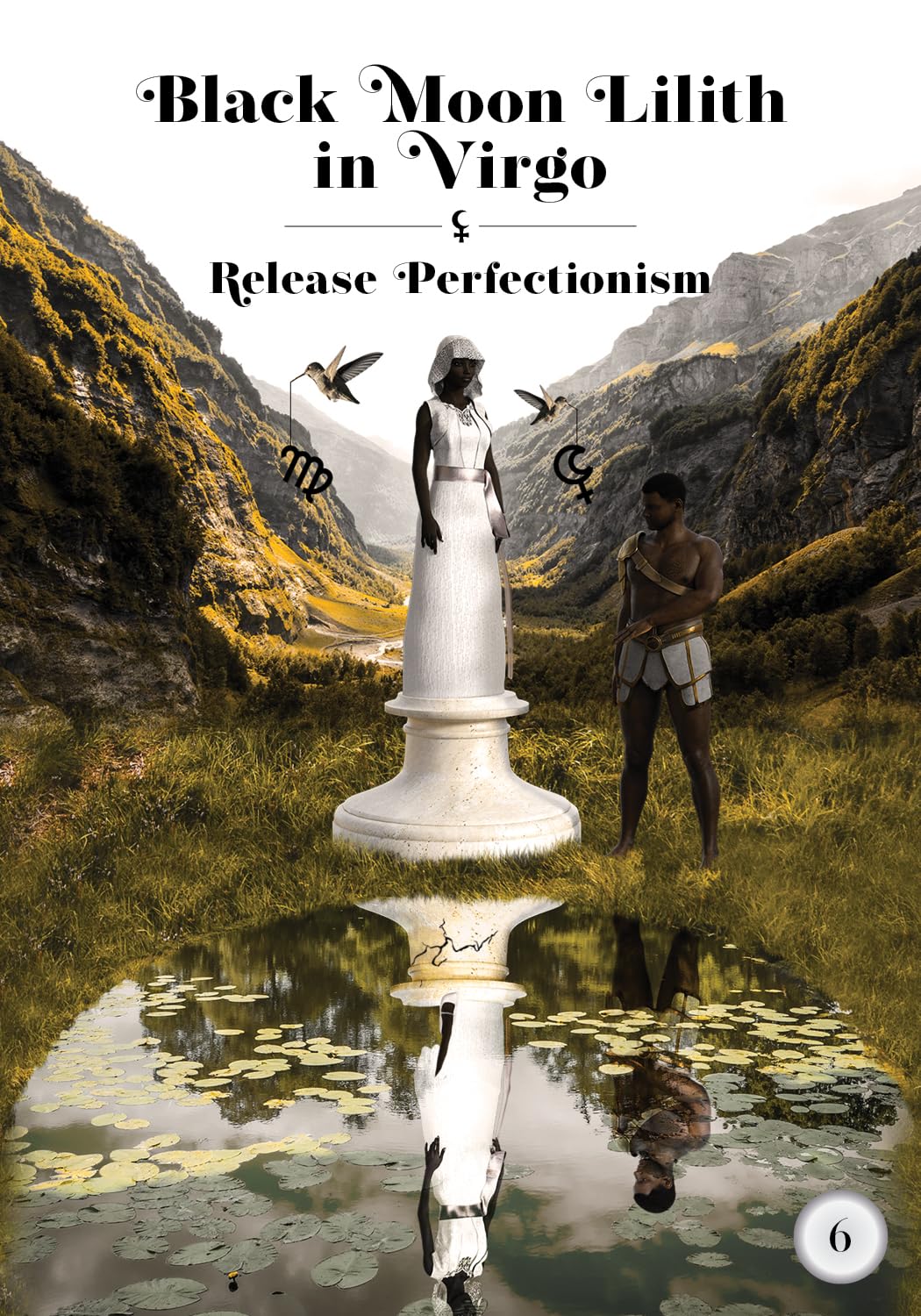 Statue of a woman in a natural setting with text about 'Black Moon Lilith in Virgo' and 'Release Perfectionism'.