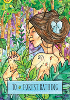 Illustration of a woman in a forest with the text '10 Forest Bathing'.