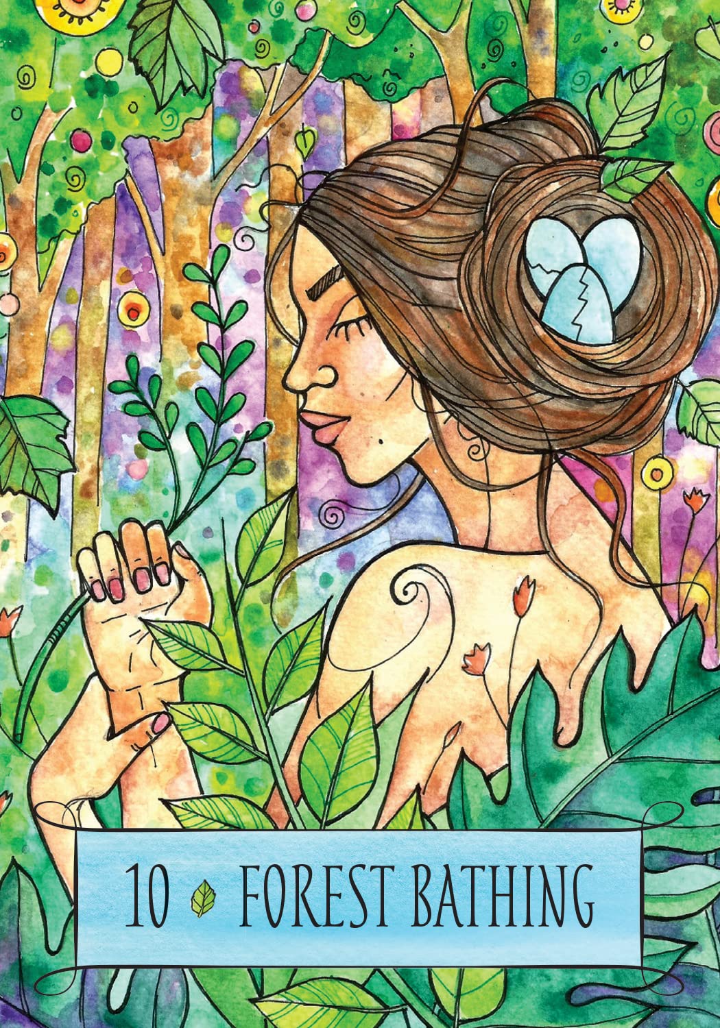 Illustration of a woman in a forest with the text '10 Forest Bathing'.