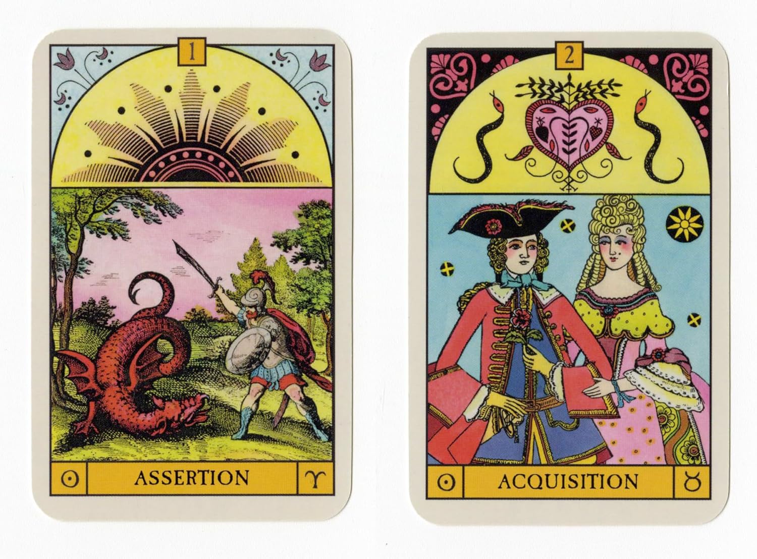 Two tarot cards titled 'Assertion' and 'Acquisition' with colorful illustrations and text.