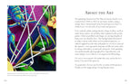 Artistic depiction of a colorful creature on fabric with text about the art on a white background