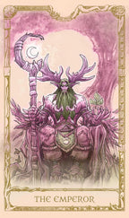 Card featuring a figure with antlers and purple robes labeled 'The Emperor' against a pink and gold background.