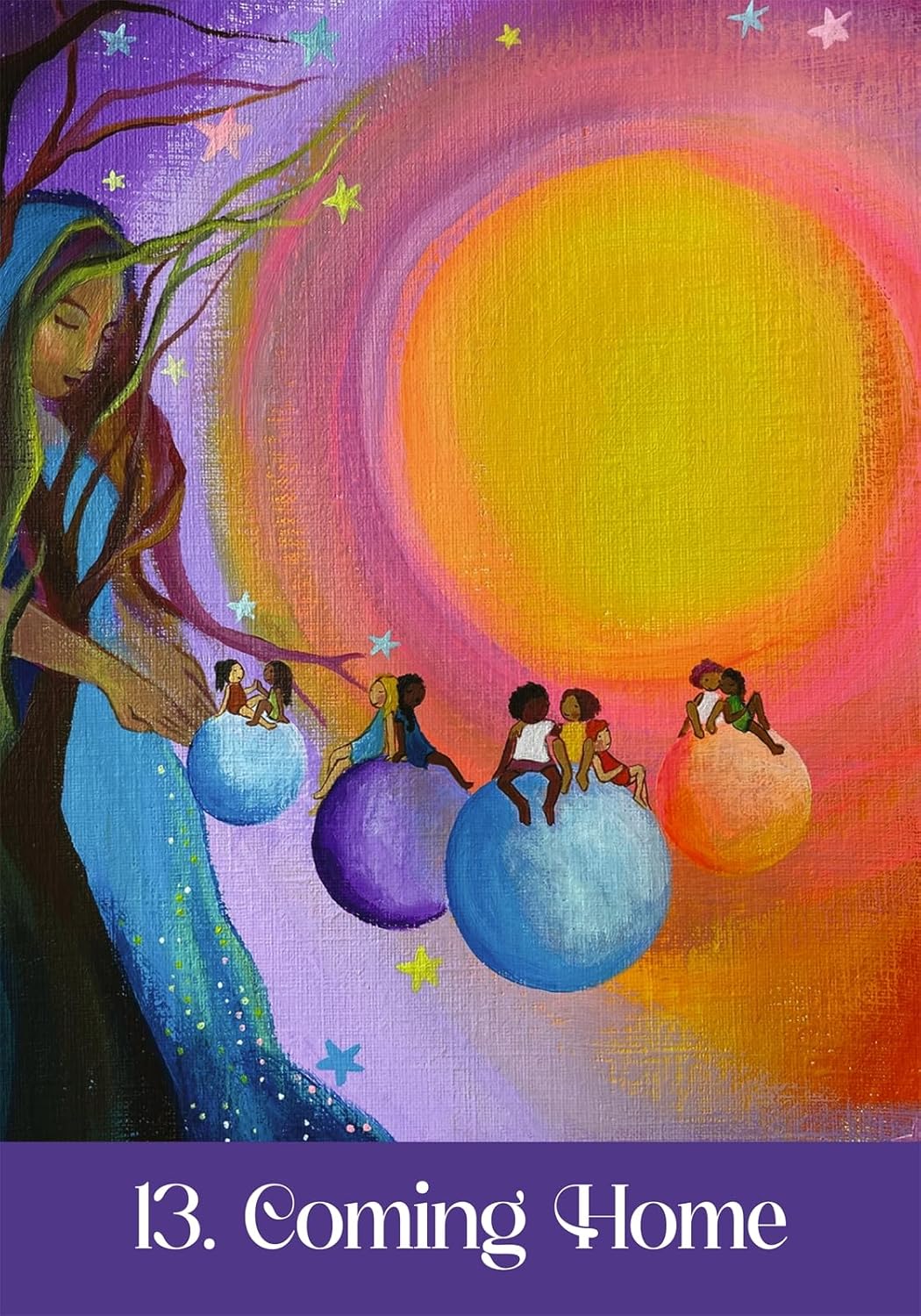 Artistic depiction of a woman with children on colorful balls against a vibrant background.