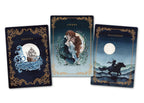 Three tarot card covers with artistic designs on a white background