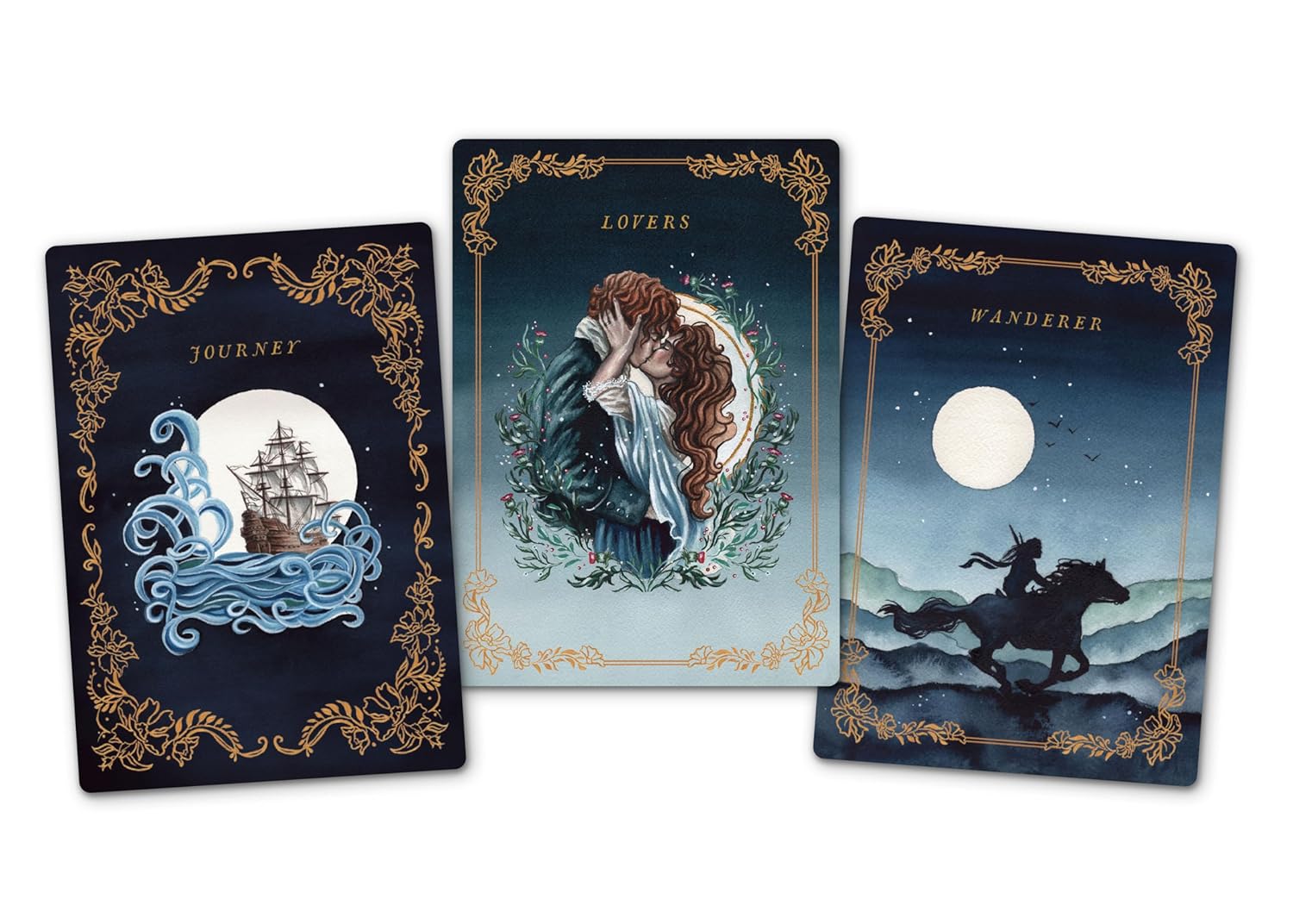 Three tarot card covers with artistic designs on a white background
