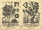 Two illustrated designs on a textured beige background, featuring symbols and nature elements.