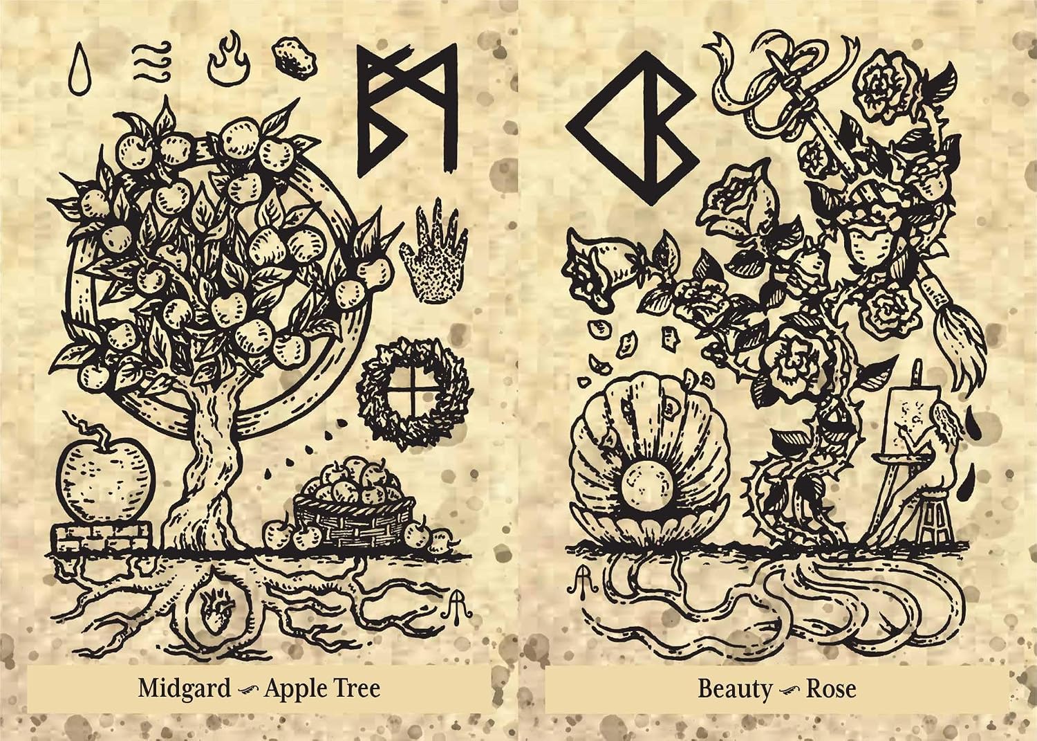 Two illustrated designs on a textured beige background, featuring symbols and nature elements.