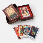 Colorful tarot cards in a wooden box on a white background