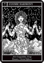 Tarot card titled 'Cosmic Harmony' with a black and white illustration of a woman holding candles against a starry sky.