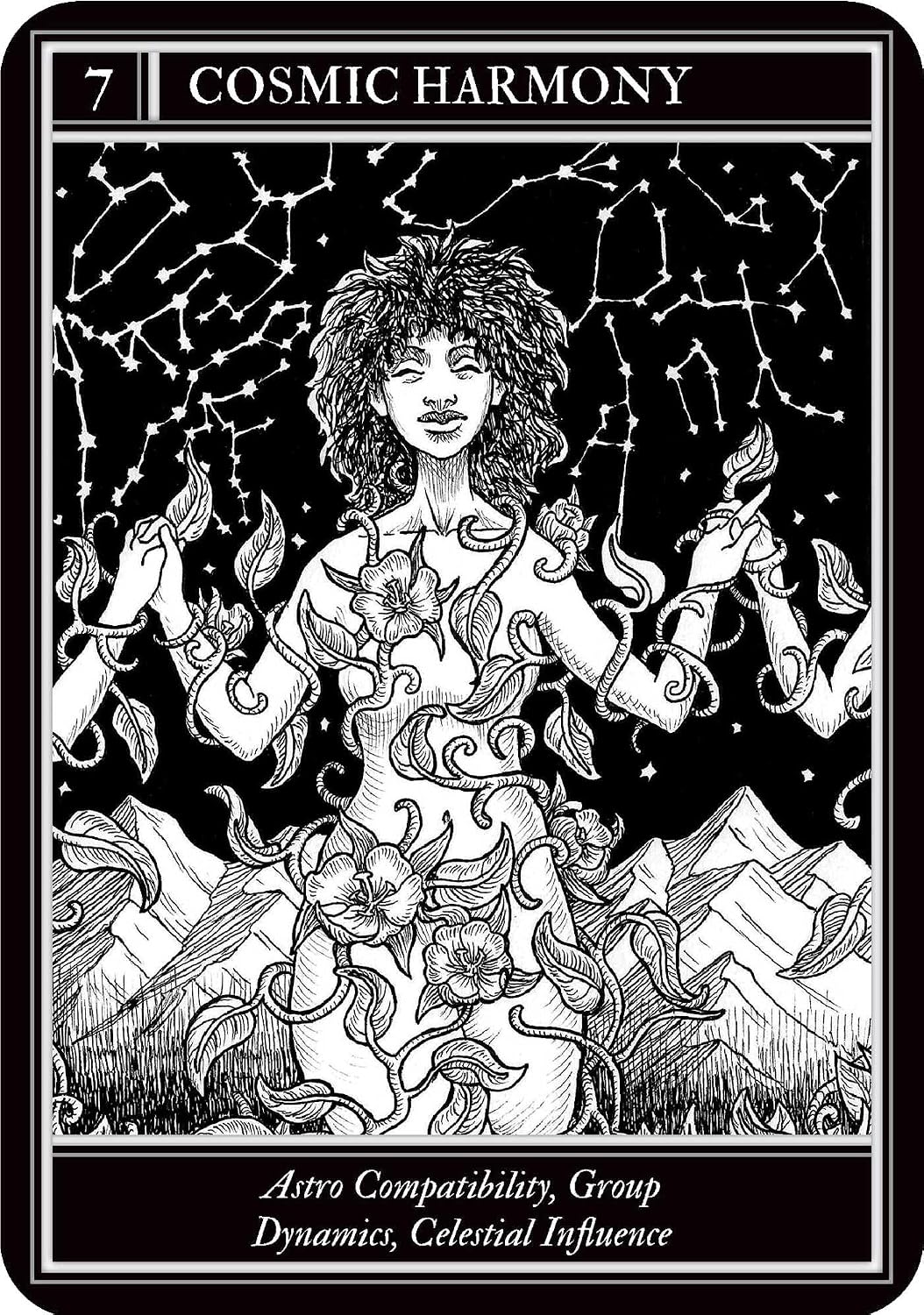 Tarot card titled 'Cosmic Harmony' with a black and white illustration of a woman holding candles against a starry sky.