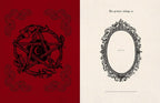 A two-sided view of a gothic-themed grimoire booklet. The left page features a black ink illustration of a pentagram wreath with a moon symbol on a deep red background.